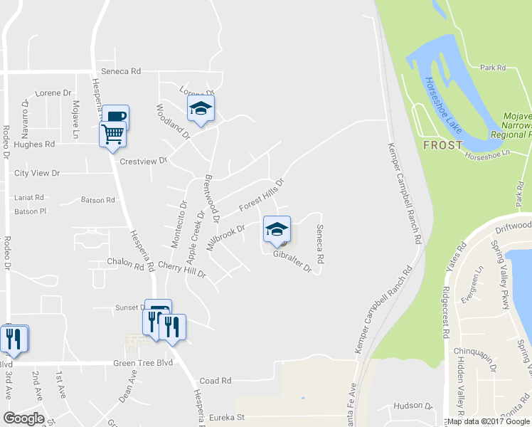 map of restaurants, bars, coffee shops, grocery stores, and more near 14303 Meadow Grove Drive in Victorville