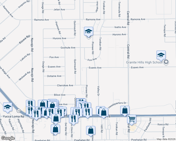 map of restaurants, bars, coffee shops, grocery stores, and more near 22168 Esaws Avenue in Apple Valley