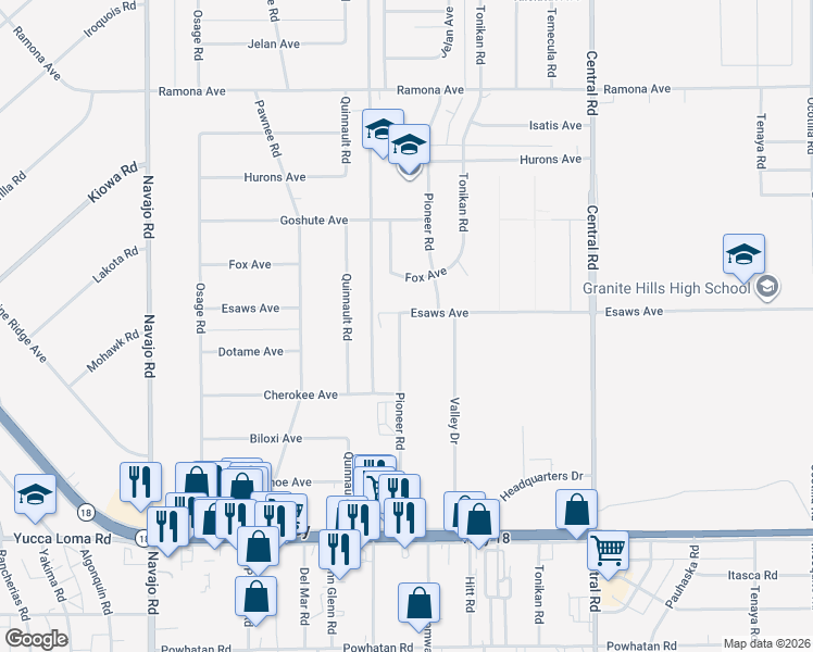 map of restaurants, bars, coffee shops, grocery stores, and more near Pioneer Road in Apple Valley
