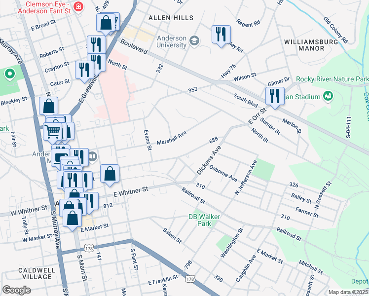 map of restaurants, bars, coffee shops, grocery stores, and more near 700 Marshall Avenue in Anderson