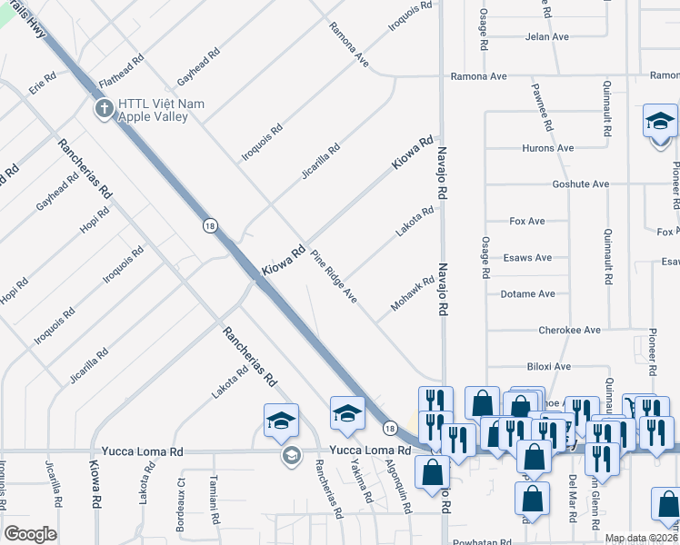 map of restaurants, bars, coffee shops, grocery stores, and more near 21460 Pine Ridge Avenue in Apple Valley