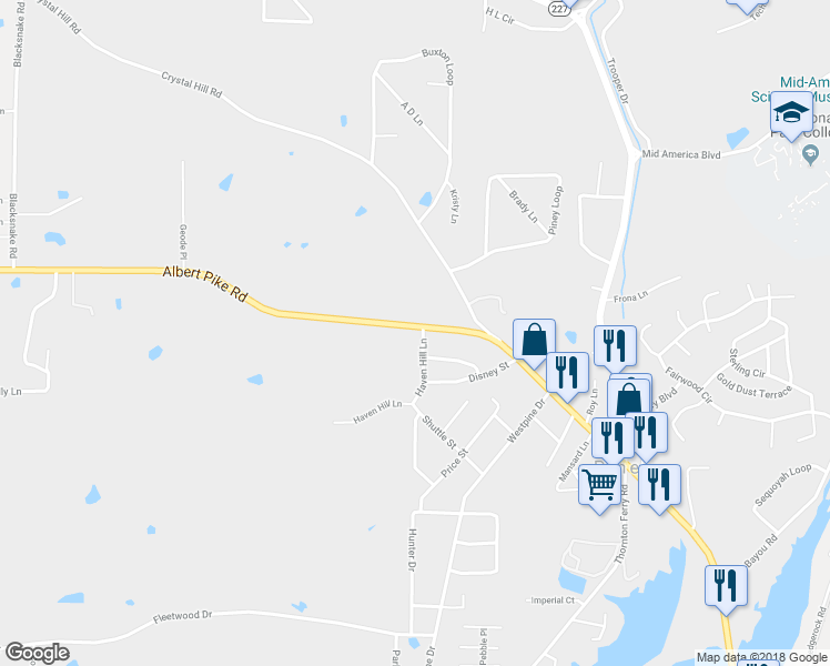 map of restaurants, bars, coffee shops, grocery stores, and more near 17 Albert Pike Road in Piney