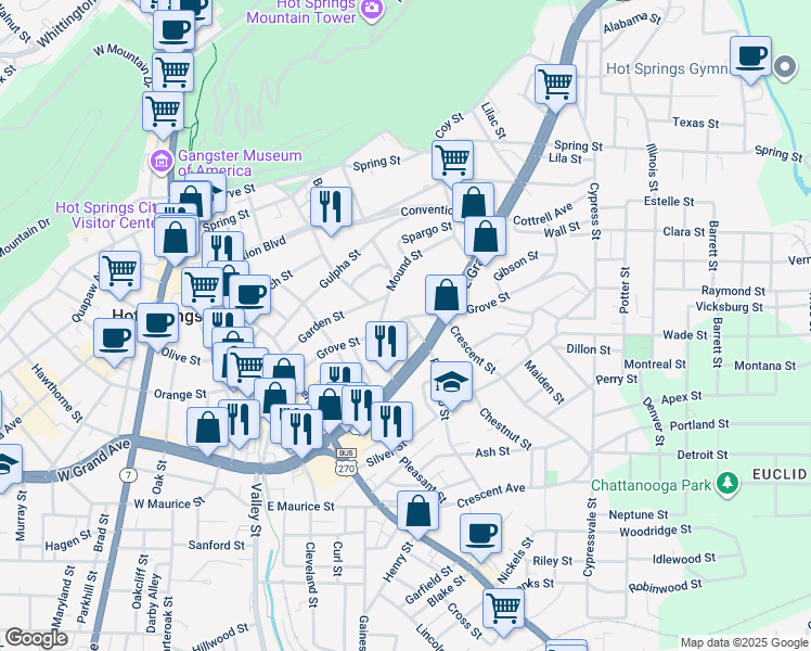 map of restaurants, bars, coffee shops, grocery stores, and more near 326 Grove Street in Hot Springs