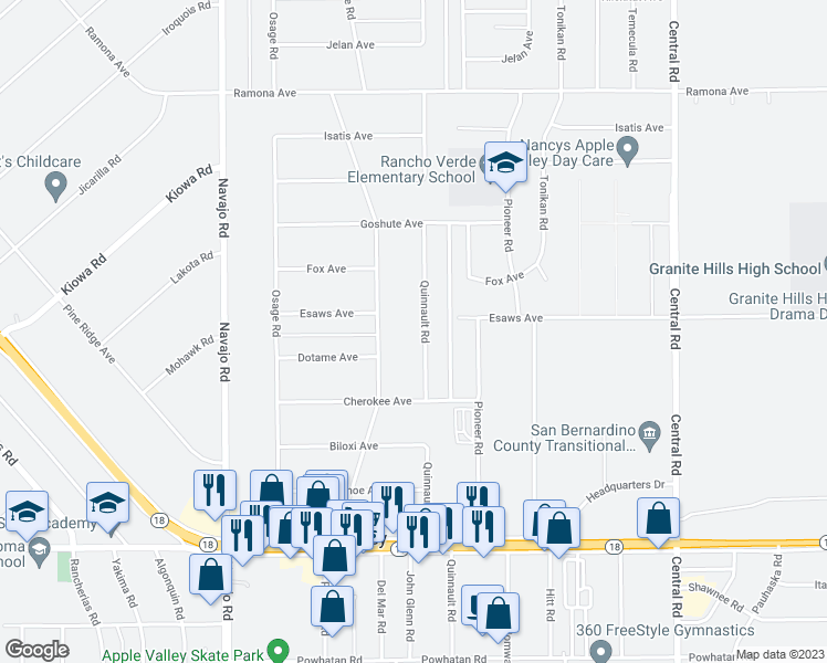 map of restaurants, bars, coffee shops, grocery stores, and more near 14070 Quinnault Road in Apple Valley