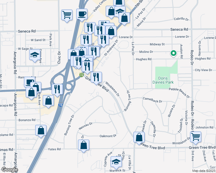 map of restaurants, bars, coffee shops, grocery stores, and more near 14126 Wimbleton Drive in Victorville