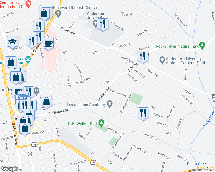 map of restaurants, bars, coffee shops, grocery stores, and more near 403 Dickens Avenue in Anderson