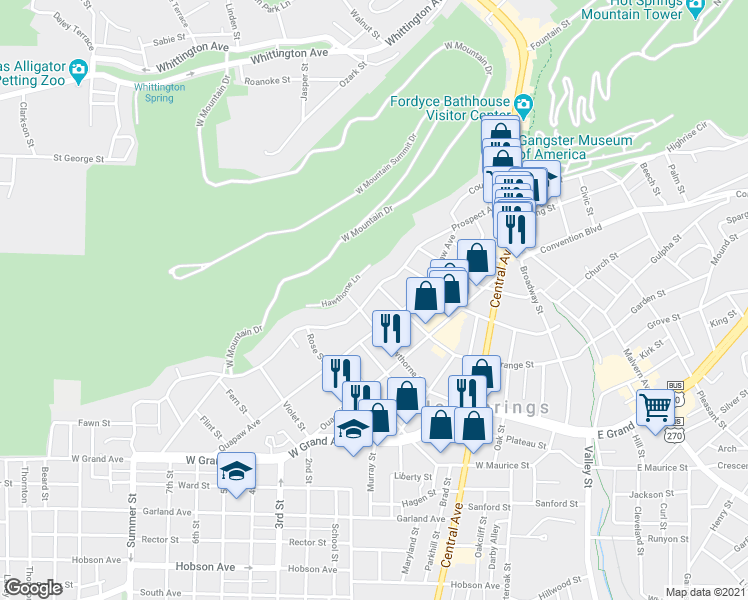 map of restaurants, bars, coffee shops, grocery stores, and more near 469 Prospect Avenue in Hot Springs