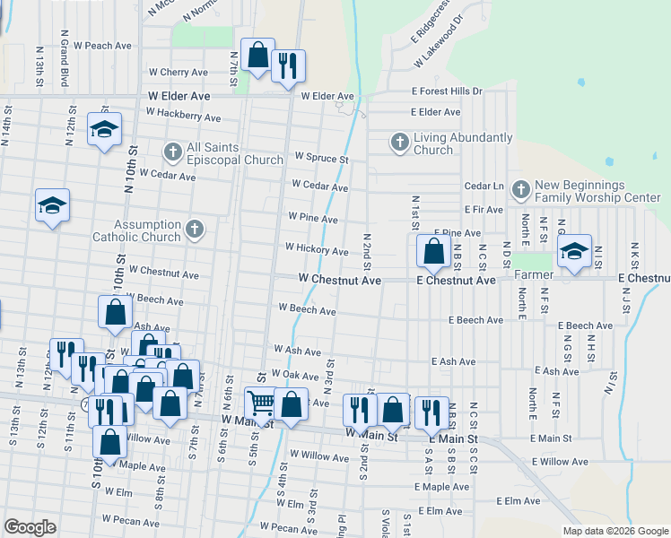 map of restaurants, bars, coffee shops, grocery stores, and more near 505 North 3rd Street in Duncan