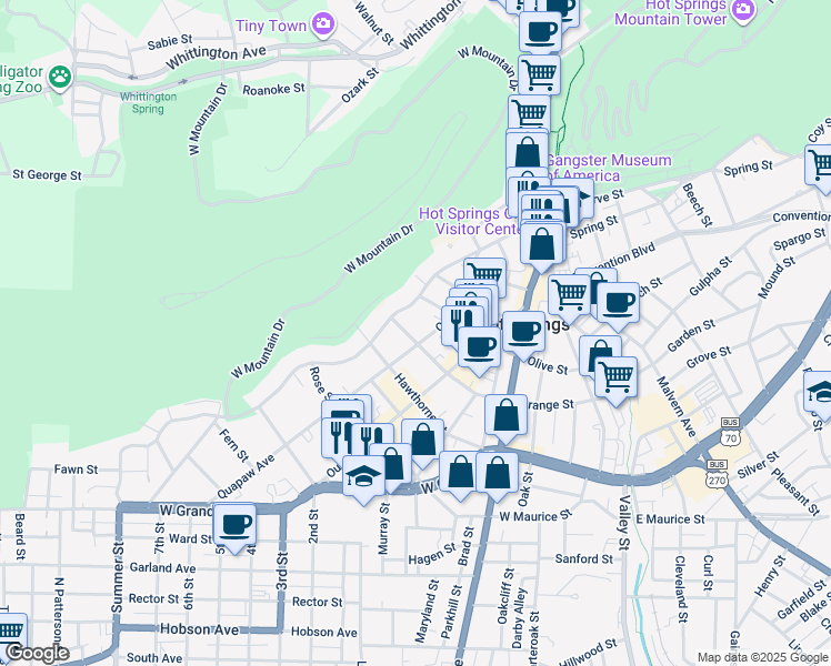 map of restaurants, bars, coffee shops, grocery stores, and more near 420 Quapaw Avenue in Hot Springs