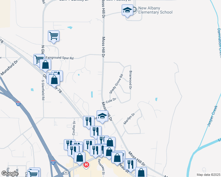map of restaurants, bars, coffee shops, grocery stores, and more near 844-928 Moss Hill Drive in New Albany
