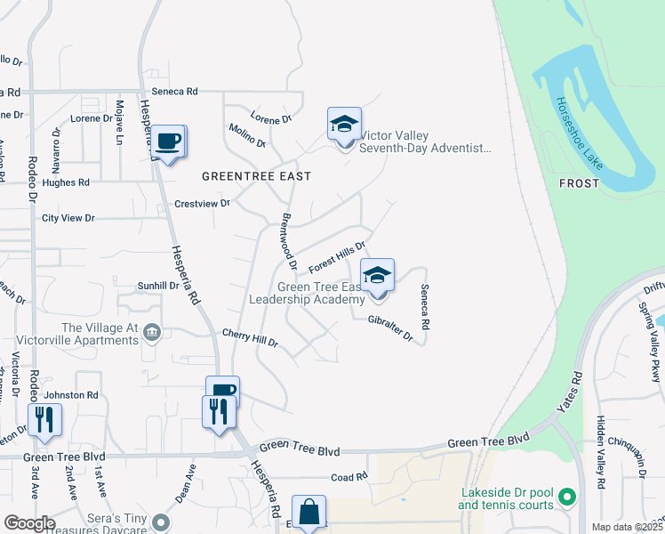 map of restaurants, bars, coffee shops, grocery stores, and more near 17161 Forest Hills Drive in Victorville