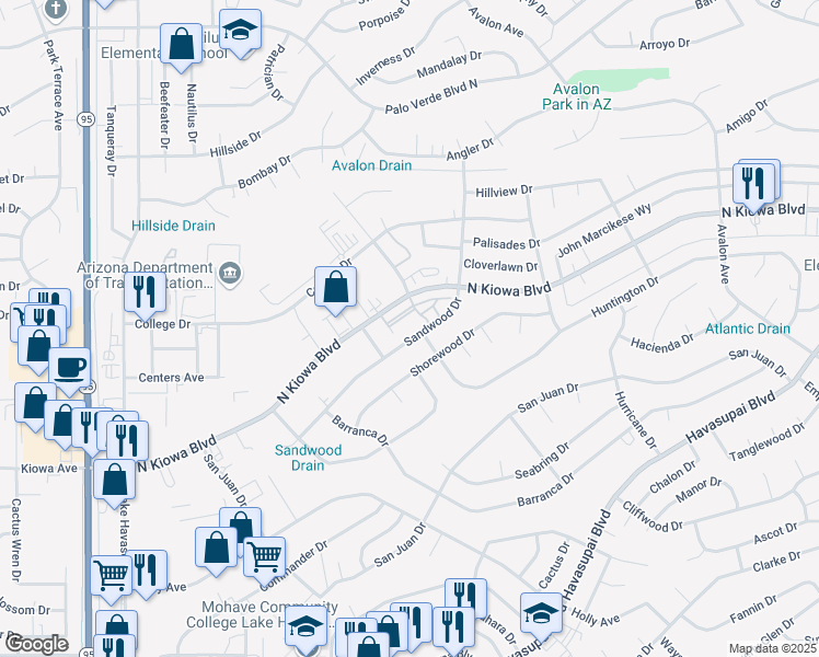 map of restaurants, bars, coffee shops, grocery stores, and more near 2215 Sandwood Drive in Lake Havasu City