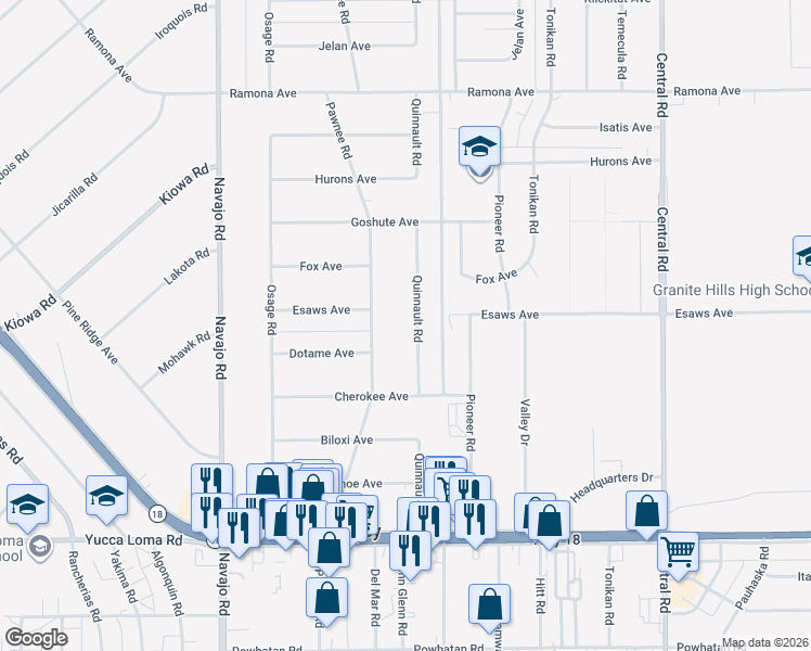 map of restaurants, bars, coffee shops, grocery stores, and more near 14070 Quinnault Road in Apple Valley