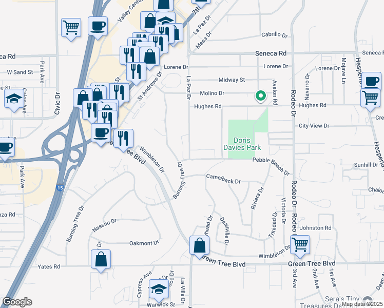 map of restaurants, bars, coffee shops, grocery stores, and more near 16120 Pebble Beach Drive in Victorville
