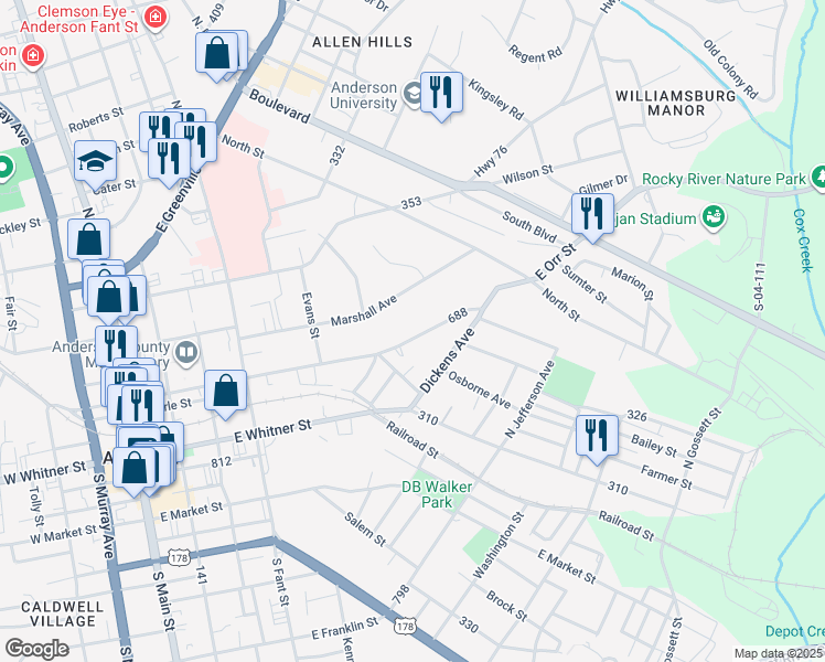 map of restaurants, bars, coffee shops, grocery stores, and more near 613 East Orr Street in Anderson