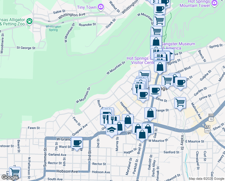 map of restaurants, bars, coffee shops, grocery stores, and more near 492 Prospect Avenue in Hot Springs