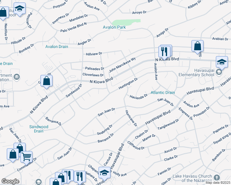 map of restaurants, bars, coffee shops, grocery stores, and more near 2430 Huntington Drive in Lake Havasu City