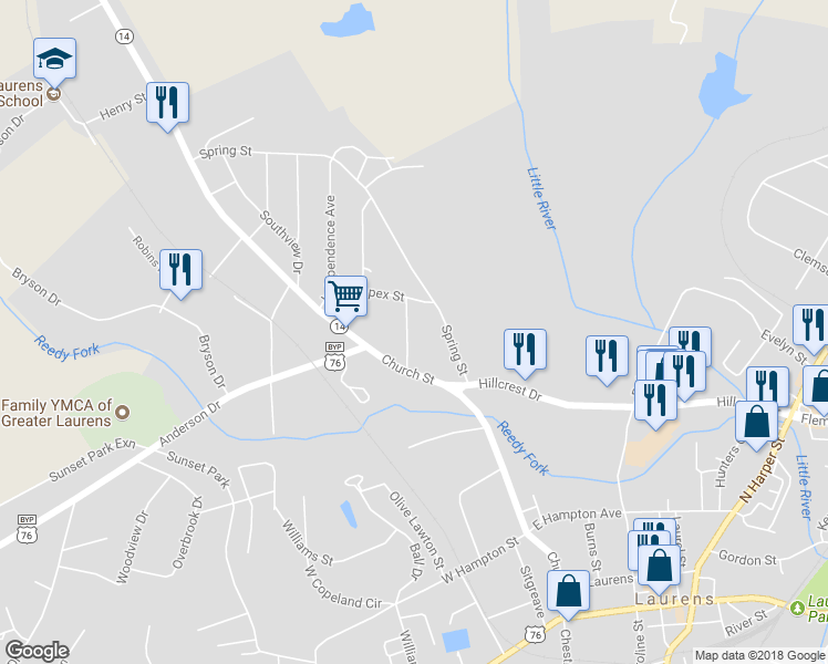 map of restaurants, bars, coffee shops, grocery stores, and more near 110 High Street in Laurens