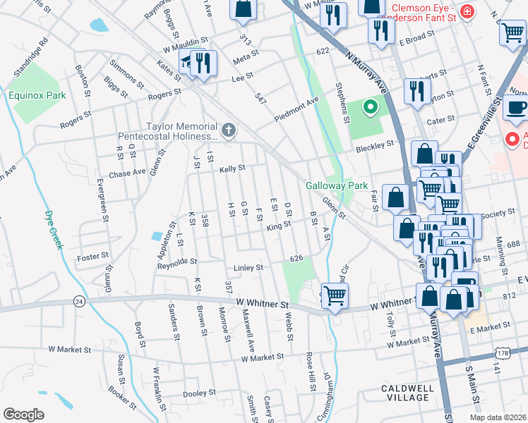 map of restaurants, bars, coffee shops, grocery stores, and more near 310 F Street in Anderson