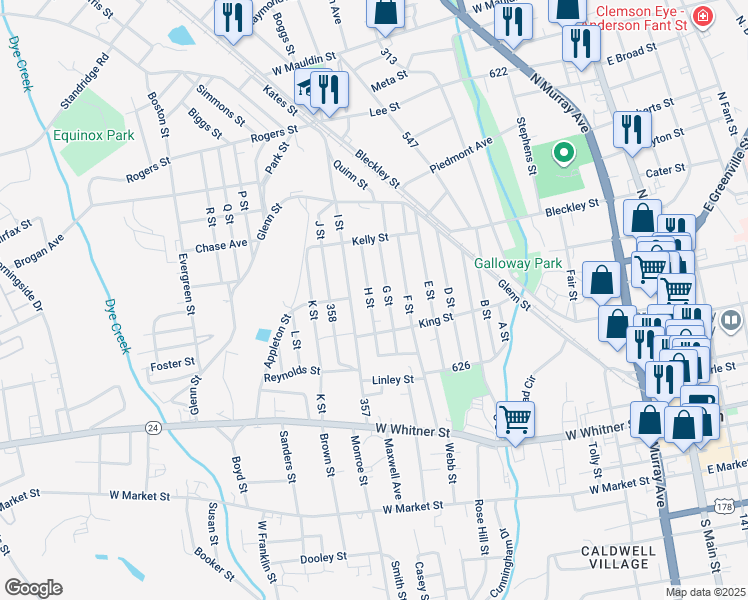 map of restaurants, bars, coffee shops, grocery stores, and more near 310 H Street in Anderson