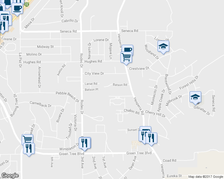 map of restaurants, bars, coffee shops, grocery stores, and more near 16715 Batson Road in Victorville