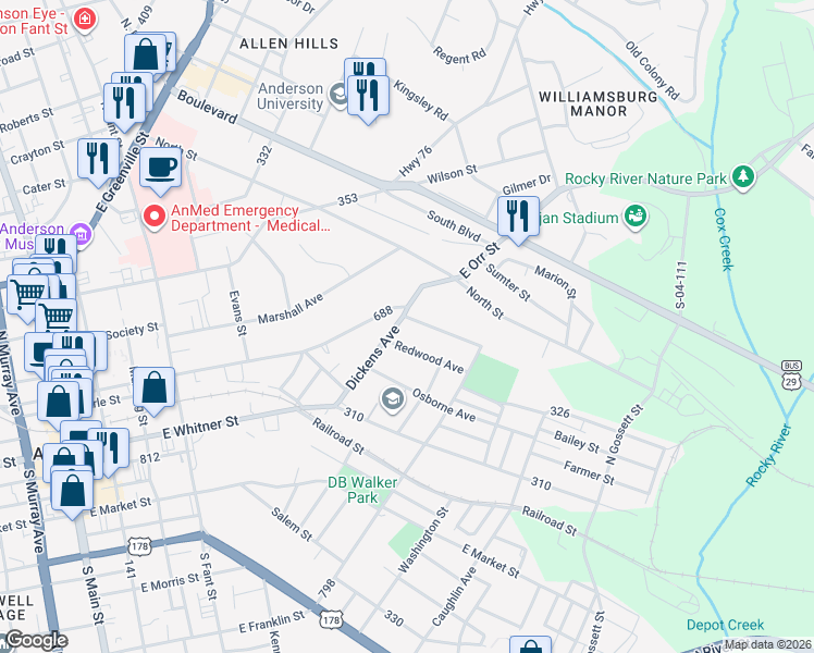 map of restaurants, bars, coffee shops, grocery stores, and more near 408 Dickens Avenue in Anderson