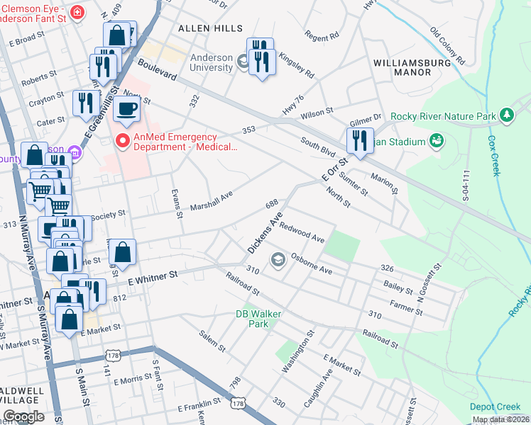 map of restaurants, bars, coffee shops, grocery stores, and more near 624 East Orr Street in Anderson