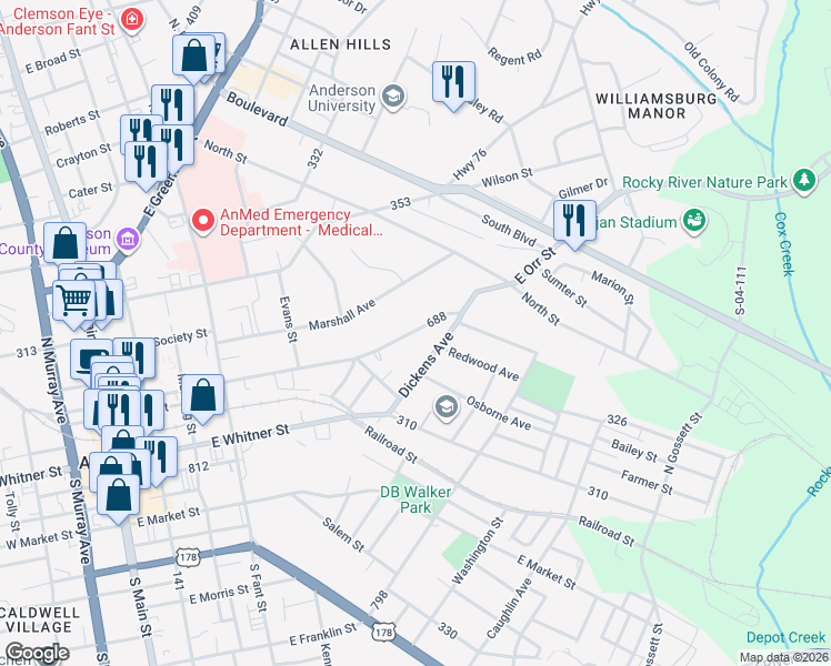 map of restaurants, bars, coffee shops, grocery stores, and more near 624 East Orr Street in Anderson