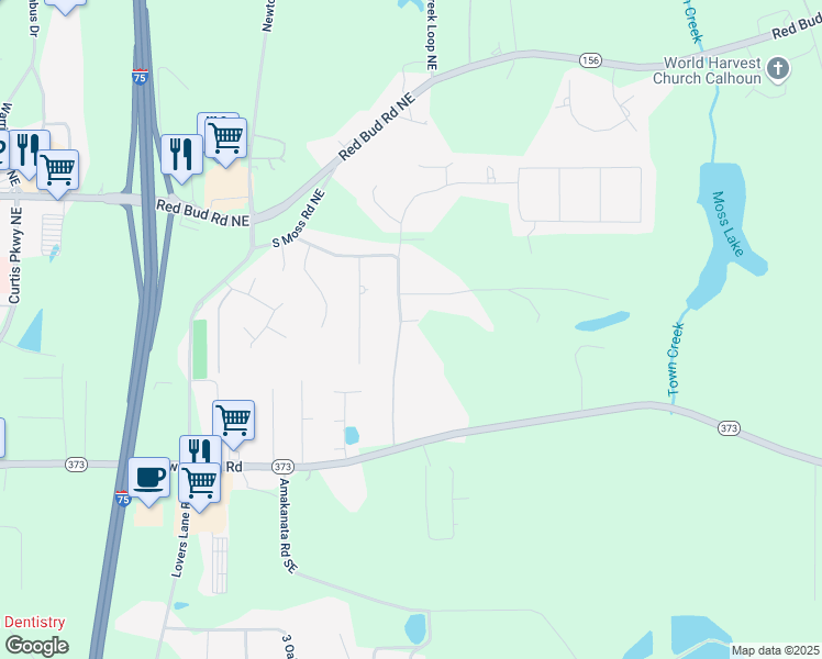 map of restaurants, bars, coffee shops, grocery stores, and more near 317 Shenandoah Drive Northeast in Calhoun
