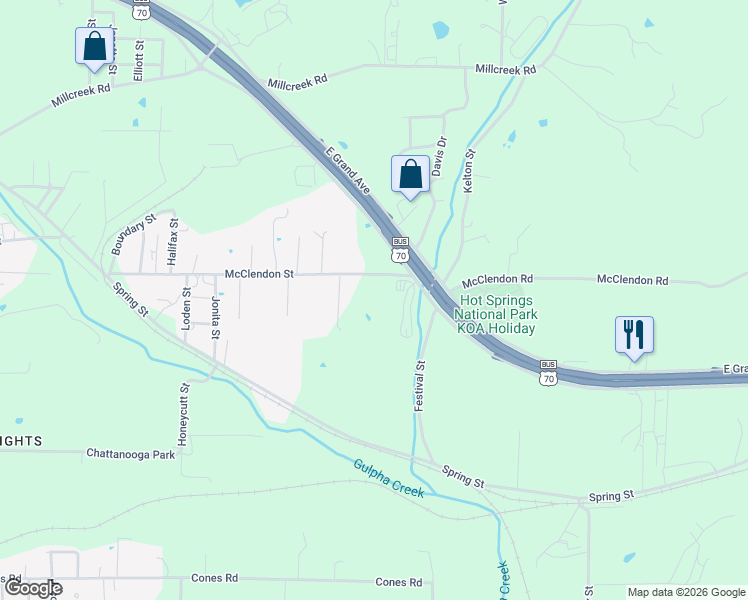 map of restaurants, bars, coffee shops, grocery stores, and more near 724 McClendon Street in Hot Springs