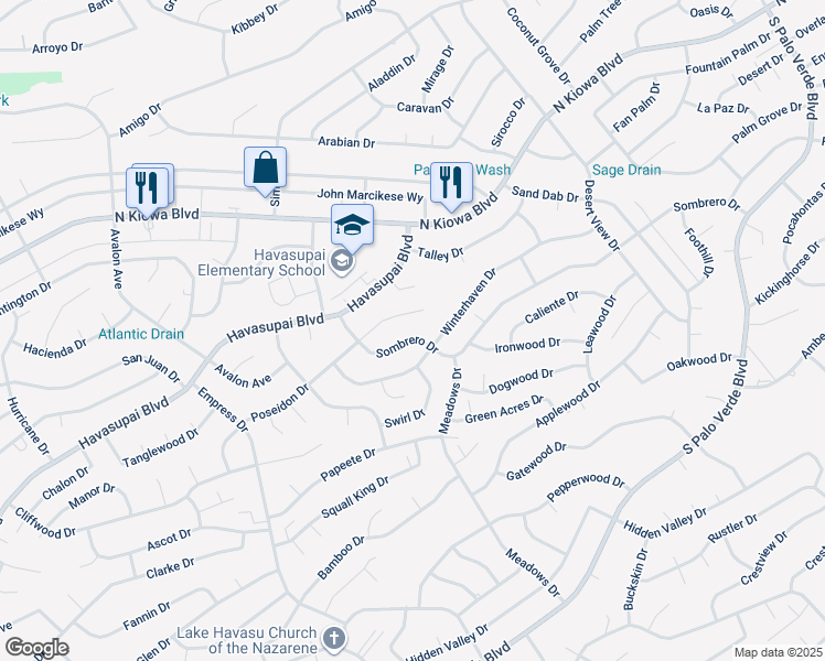 map of restaurants, bars, coffee shops, grocery stores, and more near 2931 Sombrero Drive in Lake Havasu City