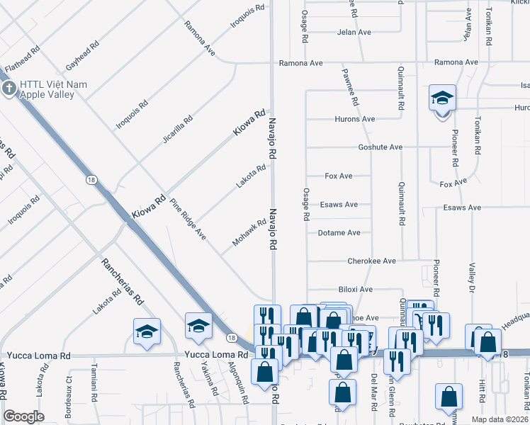 map of restaurants, bars, coffee shops, grocery stores, and more near 14080 Mohawk Road in Apple Valley