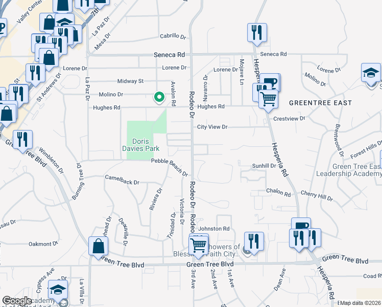 map of restaurants, bars, coffee shops, grocery stores, and more near 14140 Rodeo Drive in Victorville