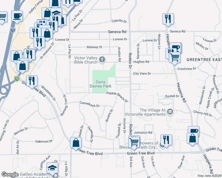 map of restaurants, bars, coffee shops, grocery stores, and more near 14152 Rodeo Drive in Victorville
