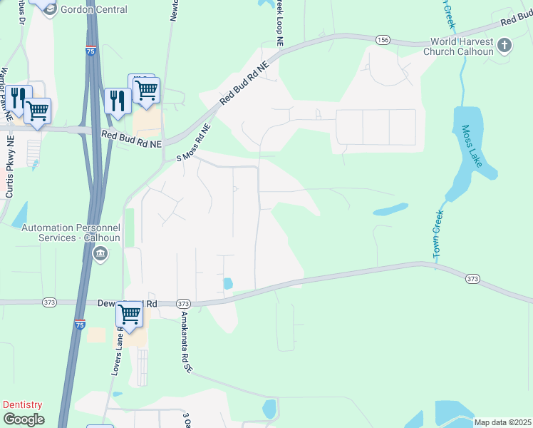 map of restaurants, bars, coffee shops, grocery stores, and more near 317 Shenandoah Drive Northeast in Calhoun