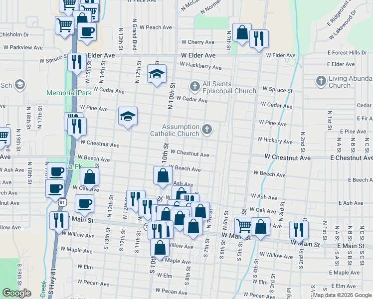 map of restaurants, bars, coffee shops, grocery stores, and more near 813 West Chestnut Avenue in Duncan