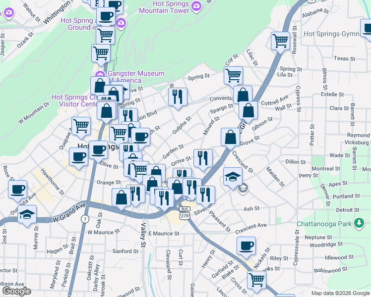 map of restaurants, bars, coffee shops, grocery stores, and more near 316 Garden Street in Hot Springs