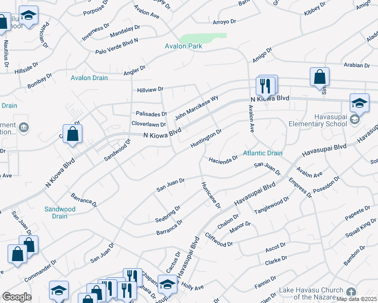 map of restaurants, bars, coffee shops, grocery stores, and more near 2430 Huntington Drive in Lake Havasu City