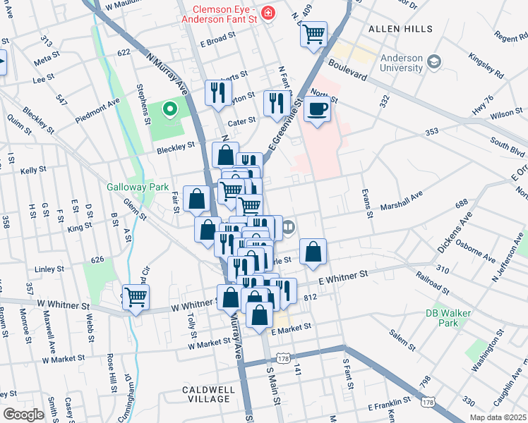 map of restaurants, bars, coffee shops, grocery stores, and more near 509 North McDuffie Street in Anderson