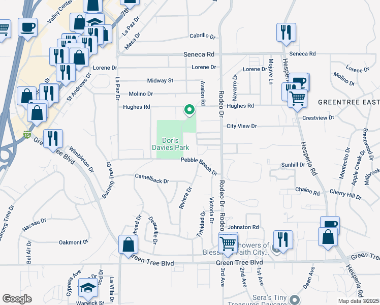 map of restaurants, bars, coffee shops, grocery stores, and more near 16368 Pebble Beach Drive in Victorville