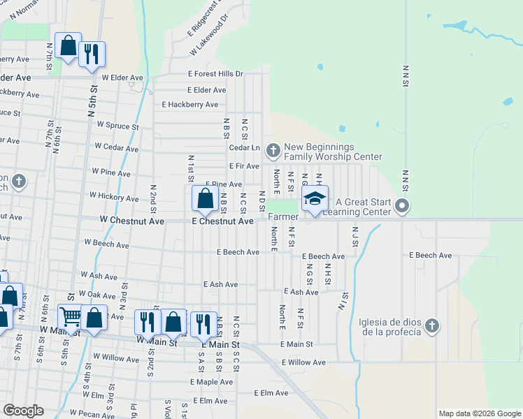 map of restaurants, bars, coffee shops, grocery stores, and more near 505 North D Street in Duncan
