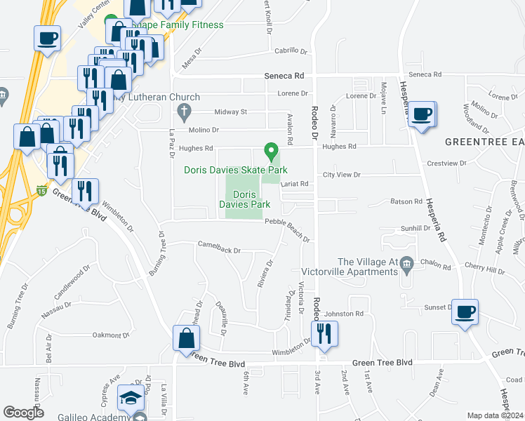 map of restaurants, bars, coffee shops, grocery stores, and more near 16354 Pebble Beach Drive in Victorville