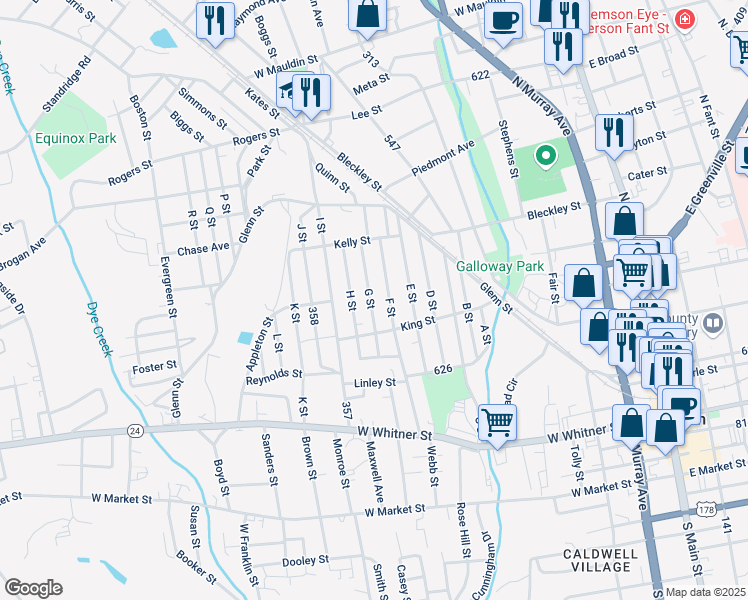 map of restaurants, bars, coffee shops, grocery stores, and more near 310 H Street in Anderson