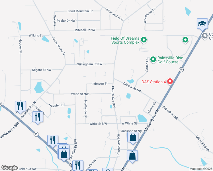 map of restaurants, bars, coffee shops, grocery stores, and more near 83 Johnson Street in Rainsville