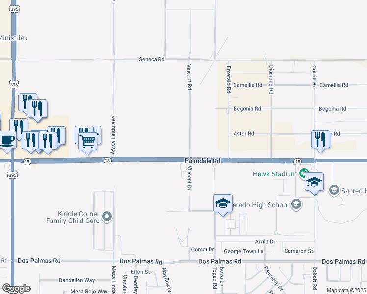 map of restaurants, bars, coffee shops, grocery stores, and more near Palmdale Road in Victorville
