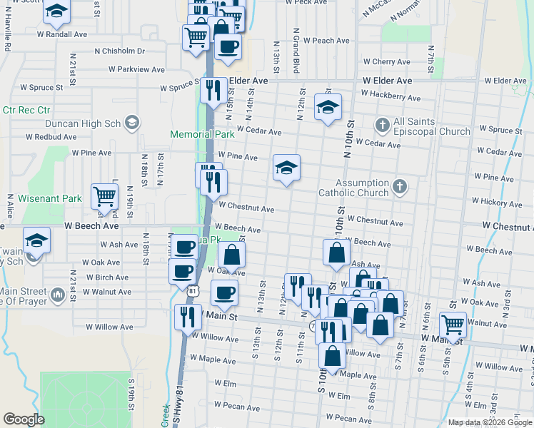 map of restaurants, bars, coffee shops, grocery stores, and more near 1216 Chestnut Avenue in Duncan