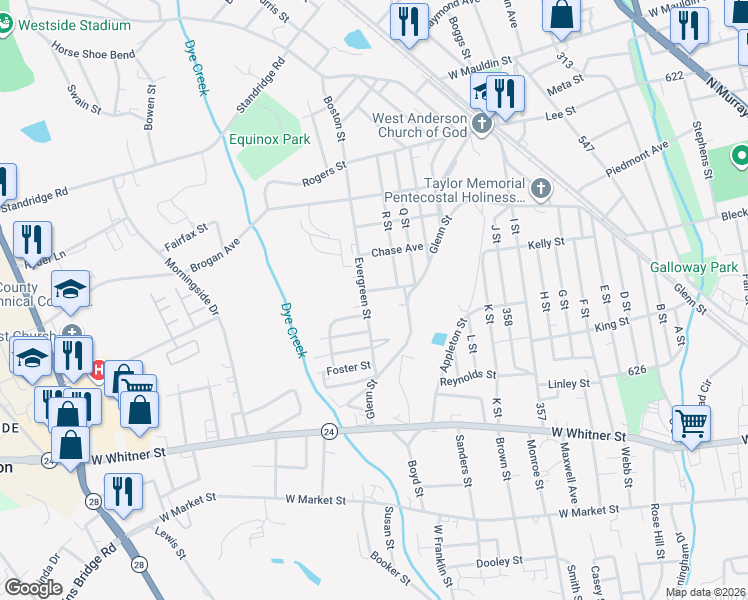 map of restaurants, bars, coffee shops, grocery stores, and more near 24 Evergreen Street in Anderson