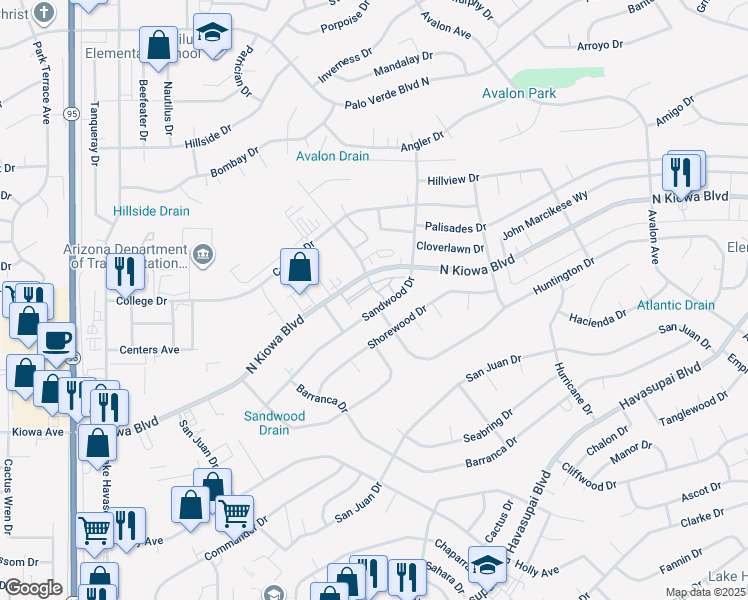 map of restaurants, bars, coffee shops, grocery stores, and more near 2240 Sandwood Drive in Lake Havasu City