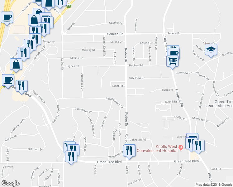 map of restaurants, bars, coffee shops, grocery stores, and more near 14140 Rodeo Drive in Victorville