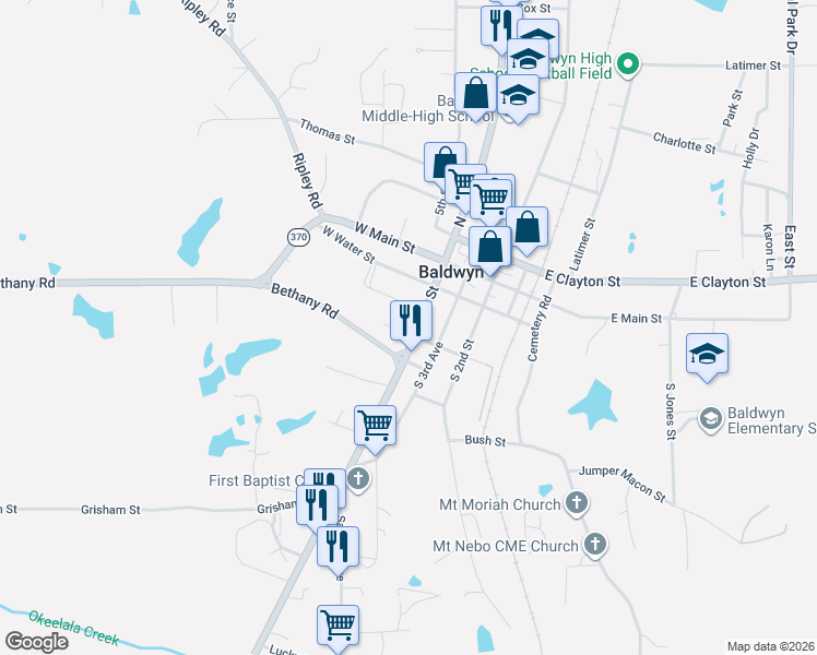 map of restaurants, bars, coffee shops, grocery stores, and more near 200-298 West Lee Street in Baldwyn